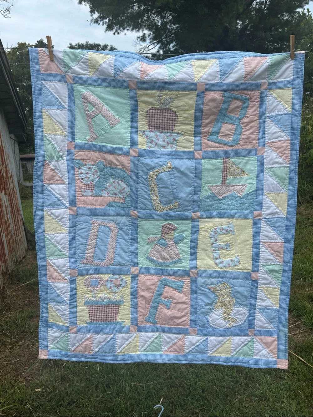 Handmade Pastel Alphabet Baby Quilt - Blue, Pink, Mint, Cream